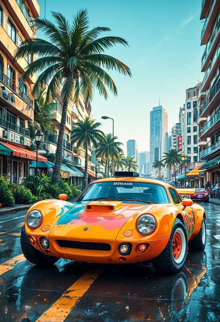 SmoothNoob_Quality, 1980s \(style\), no humans, HDR, tropical, palm trees, city, landscape, summer, very intricate, very detailed, sharp, bright, colorful, cars street, lamppost, <lora:Smooth_Booster:0.5>​​​