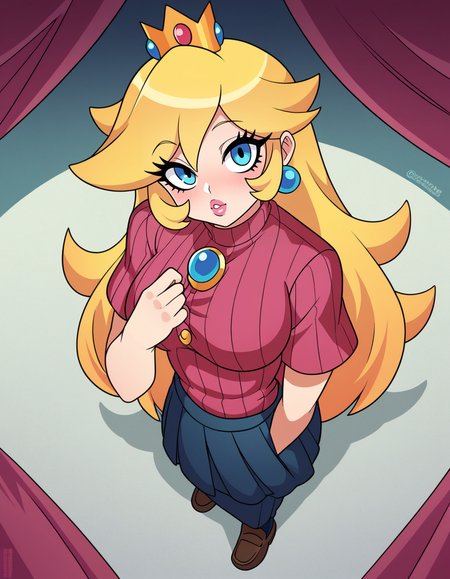 zPDXL, score_9, score_8_up, score_7_up, score_6_up, score_5_up, 4k, absurdres, looking at viewer, <lora:Perfect Hands:0.8> Perfect Hands, 1girl, solo, 
Princess Peach, blonde hair, long hair, speaking, talking, on_side, button-down-shirt, loafers, ribbed-pantyhose,
<lora:NicoNeko_v1:0.8> ncnk, silk