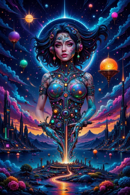floating in space beautiful  landscape, bright luminous starry night, woman, very intricate, very detailed, sharp, bright, colorful, <lora:Hand v2:0.5> <lora:Anti-Blur:1><lora:Insane Detail Slider:0.25>  <lora:flux.1_lora_flyway_Epic-detail_v2:0.3> <lora:fluxenhancer:0.25> <lora:ck-Neon-Retrowave:0.4> ck-rw, in the style of ck-rw, <lora:Neurocore Anime Cyberpunk v2.0:0.8> <lora:neon-cyberpunk-alla-prima:0.6> mad-llprm