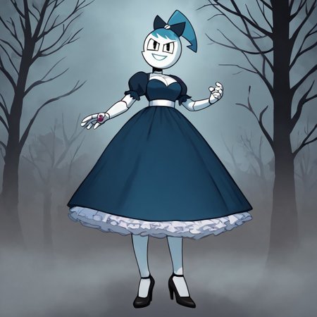 (Masterpiece, best quality:1.2), score_9, score_8_up, flat color, flat shading, soft shading, lighting, Jenny Wakeman as an adult, (((in a 1950's full length formal dark blue dress, a white belt, a fluffy frilly ruffled full white petticoat, and black high heels))), dress, layered petticoat, frilly petticoat, fluffy petticoat, full petticoat, detailed petticoat, wide skirt, detailed outfit, flowing skirt, (((long skirt))), (((solid dark blue colored dress, black high heels))), blue hair, series accurate, cute, best high quality, high res, robot, humanoid robot, (((giant breasts, cleavage))), whole body shot, 1girl, (((solo, outside, in a dark creepy forest, at night, heavy fog surrounding her, fog, heavy fog, looking at you, low angle))), (((evil, evil smile, determined evil eyes, posing gracefully and evilly))), low angle shot, cartoon, cartoon style, vector, solo, circle dress, 1950s, dance dress jenny, jenny wakeman, 1girl, solo, robot joints, black eyes, white skin, ponytail, hair bow, blue rose chest corsage, poofy dress, blue hair, flat lighting,