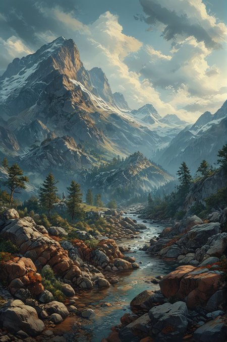 A hyper-realistic 3D rendering of a majestic mountain range, with peaks reaching into the clouds and valleys shrouded in mist. Each rock and crevice is meticulously detailed, capturing the rugged beauty of nature in exquisite detail. (masterpiece, award winning artwork)
many details, extreme detailed, full of details,
Wide range of colors, high Dynamic
<lora:EldritchMixIllustration_1.0:1.0>
<lora:add-detail-xl:0.89>
 <lora:xl_more_art-full_v1:0.4> 
 <lora:MJ52:0.4>