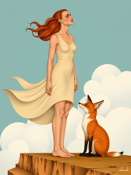 ODOM_art <lora:flux-lora-000006:1> A young woman with flowing, reddish-brown hair, stands On top of a cliff  with  rough textures.  Her pose is one of contemplation, gaze directed upwards, light and airy, floating amidst clouds. She wears a simple, light beige, flowing dress that billows gently.   the fennec is sitting beside her.  The fennec exhibiting a sense of quiet alertness.
