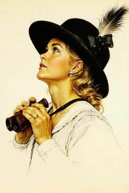 normanrockwell1 painting.
hafisher1. A woman looking up at the sky. She has light, wavy, golden-blonde hair peeking out from under a stylish, dark, wide-brimmed hat adorned with a large, ornate feather and a small black ribbon. She hold a small binocular with both her hands. 
 <lora:normanrockwell1_cap_d6a3e12:1.0><lora:841449445792134824:0>