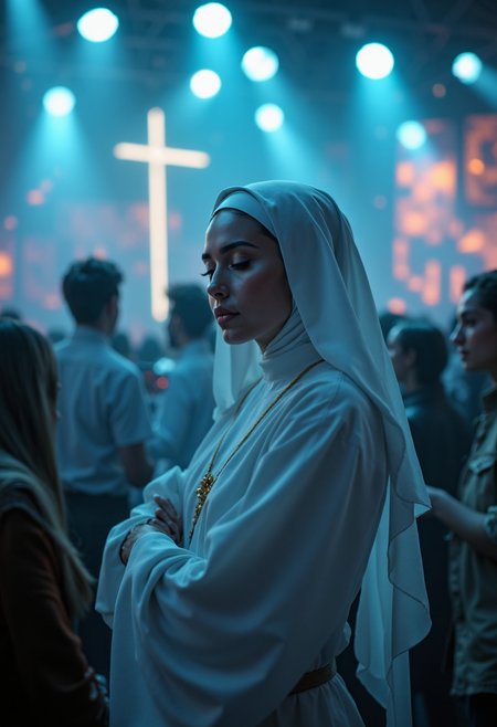 cinematic film still A serene yet vibrant scene unfolds as a nun, clad in her pristine white habit, stands confidently amidst the pulsating energy of a rave. Her brilliant white attire serves as a stark contrast to the kaleidoscope of colors that dance across the dimly lit room, casting an ethereal glow on her tranquil features. The soft focus lens captures the subtle nuances of her expression, conveying a sense of peacefulness amidst the frenetic atmosphere.
Her long, flowing dress and scapular blend seamlessly with the surrounding chaos, as if she's about to take the stage herself. The veil that frames her face adds an air of mystery, its delicate folds glistening with a hint of dew-kissed softness. 
The DJ, lost in his craft, spins a mesmerizing beat that synchronizes perfectly with the flashing lights and undulating crowd. His eyes closed in rapt attention, he's oblivious to the nun's presence, yet somehow connected to her serene aura.
In this captivating tableau, the camera's wide-angle lens captures the essence of the scene, encompassing every detail from the DJ's fingers moving deftly over his equipment to the nun's slender hands gently swaying in time with the music. The soft focus effect dissolves the boundaries between the subject and the surroundings, creating a harmonious fusion that embodies the spirit of unity.
As the lights and colors blend together in perfect harmony, they create an otherworldly atmosphere that transcends the realm of the mundane. This is where art and reality converge, where the boundaries of time and space are pushed to their limits, and where the beauty of chaos lies. . shallow depth of field, vignette, highly detailed, high budget, bokeh, cinemascope, moody, epic, gorgeous, film grain, grainy