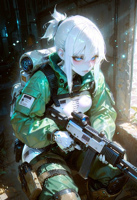 HDR, 8K, high contrast, masterpiece, best quality, amazing quality, very aesthetic, high resolution, ultra-detailed, absurdres, photorealistic, volumetric lighting, dappled light, light particles, dramatic shadows, cinematic lighting, amazing quality, absurdres, newest, scenery, beautiful woman
BREAK
photo realistic, very aesthetic, scenery, 
BREAK
nsfw, usnr, gbf_style, 748cmstyle,
 ambient occlusion, raytracing, soft lighting, blum effect, masterpiece, absolutely eye-catching, particles, glow, shining, intricate cinematic background, (beautiful face),  
BREAK
masterpiece, highly detailed,1girl,beautiful eyes, big eyes, detailed eyes, detailed pupils, perfect body, (reflective eyes), 
(sexy, slutty, hot, aroused)
Automaton, colored skin, robot girl, (white_skin:2.0), joints, white hair, blue eyes, glowing blue eyes, metal_skin, no nipples, metal_skin, very long hair,
body writing,tattoo, barcode, light blush, 
backpack, bag, battle rifle boots, brown footwear, combat helmet, fallschirmhelm, fallschirmjaeger, fg42, green jacket, green pants, gun, hair between eyes, helmet, holding, holding gun, holding weapon, jacket, knife, long sleeves, pants, paratrooper, rifle, short ponytail, sidelocks, solo, weapon,