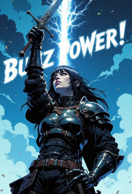 Goth girl with long black hair and blunt bangs. In black leather armor. Raising her sword the sky. A beam of light shoots up from the sword. Text on screen in large electric font"Buzz Power!"  CAICO