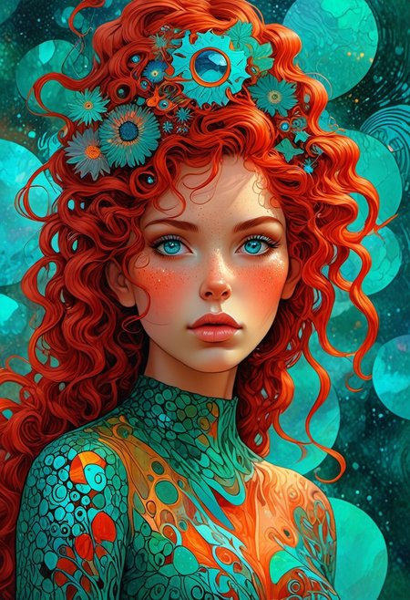 The composition includes evil female, red short dress, curly red hair with glitter, The composition includes beautiful, exotic, magical, surreal,  full view, Long teal curly hair,  planet  intricately detailed,  the surreal figure of Long teal curly hair,g0thicPXL,woodland freckled fairy, day sky, sunny, heavy rain, big eyes, The image is a digital art piece that appears to be a portrait of a woman's face view, create a sense of detailed, abstract, trippy, 60s style, op art,  cell shaded, 8k. The composition includes overlapping circles, sharp-edged polygons,