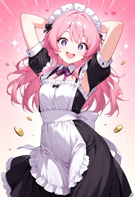 absurdres, masterpiece, 1girl, anime girl, solo, looking at viewer, BREAK, CivChan, purple eyes, pink hair, BREAK, maid headband, maid outfit, long skirt, BREAK, smile, open mouth, mememe dance, me!me!me! dance (meme), dancing, bouncing, arms up, hand behind head, armpits, pink background, (glitter, hearts, sparkles:1.2), coins,