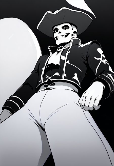 monochrome,black background,
from below, looking at viewer, grin, 
matadorsmt, hat, skull, green jacket, white ascot, white pants, white gloves, green boots
,score_9,score_8_up,score_7_up, 
 <lora:Potat_dark_ink_v1_monochrome-RS24:1> <lora:zs_MatadorXL:1>