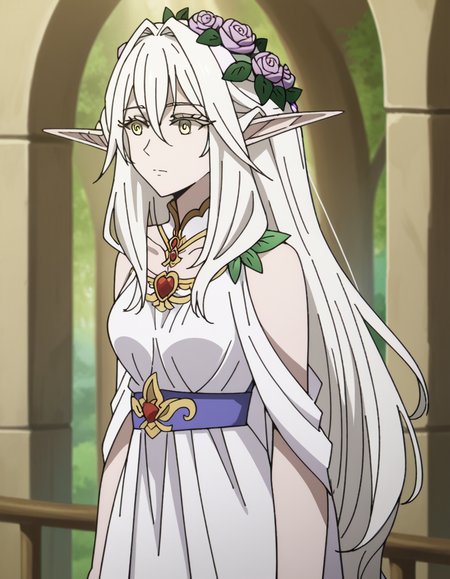 score_9, score_8_up, score_7_up, source_anime, <lora:forest-princess-s2-ponyxl-lora-nochekaiser:1>, forest princess, long hair, hair ornament, hair between eyes, yellow eyes, white hair, flowers, pointy ears, hair flower, rose, hair intakes, elf, medium breasts,, dress, collarbone, white dress,, museum, art exhibit, paintings, observing, quiet contemplation, cultural experience, , , from side, solo,, cowboy shot, dutch angle