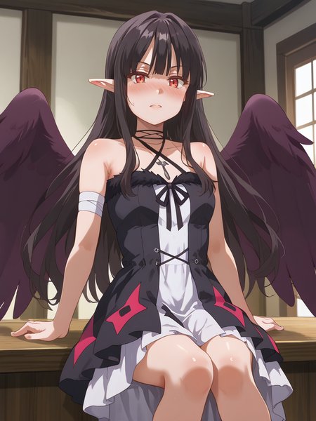score_9, score_8_up, score_7_up, score_6_up, score_5_up, score_4_up, source_anime,cinematic shadow, detailed hands,character focus, detailed skins, perfect curvy small breasts,  body blush,<lora:StS_PonyXL_Detail_Slider_v1.4_iteration_3:4>,( cowboy shot:1.4),  high resolution,anime screencap, anime coloring,  ultra detailed,8K,16K,32k,64k,128k,256k,ultra-detailed,best quality,  <lora:zPDXLxxx+:1> zPDXLxxx, <lora:zPDXLpg+:1> zPDXLpg,<lora:Eve_Reese:1>,evereese, bangs, black hair,very long hair, pointy ears, red eyes, evereesedress, bare shoulders, collarbone,feathered wings, black wings, sleeveless, black dress, black ribbon, halterneck,criss-cross halter, bandages,jewelry, necklace,<lora:StS_age_slider_v1_initial_release:-0.7> , sitting,