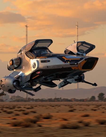 Art by Andrian Luchian. A photo-realistic shoot from a low angle about a futuristic flying vehicle in motion during sunset. the image also shows a desert landscape with distant buildings in the distance. on the middle of the image, a futuristic silver and black vehicle with a sleek design and orange accents is flying through the air. the vehicle has a large, open-top cockpit and a sleek, streamlined body with a low-slung design. it appears to be in motion, with its wings spread wide, giving it a sense of movement. the background is blurred, but it seems to be an outdoor setting with a sandy texture and distant buildings. the sky is orange and warm, with a few clouds scattered across it. the lighting is soft and diffused, casting gentle shadows on the vehicle.