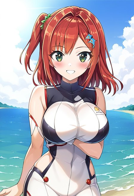 score 9, score 8 up, source anime, masterpiece, best quality, detailed eyes, detailed face, 1girl, solo, cowboy shot, outdoors, sky, blush, smile,
front view, facing viewer, 
Iruka Sakimiya, green eyes, red hair, one side up, large breasts,