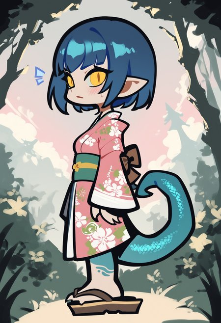 score_9, score_8_up, score_7_up,
solo, 1 girl, pointed ears, yellow eyes, slit pupils, blue hair, blind bangs, short hair, hime cut, lizard tail, blue tail, lizard girl, medium breasts, skinny, claws,
standing, forest, surprise, pink kimono, short kimono, sandals, floral print, sun , sky, side view, looking at viewer, blush,
 <lora:PungsonMoriChibi-style:1>, pungsonmorichibi, chibi,