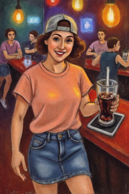 henrimatisse1 painting. 
The air buzzes with the energy of a busy bar, a mix of music, conversation, and the clinking of glasses. A barmaid, the embodiment of youthful vibrancy, navigates the lively scene. She wears a peach-coloured T-shirt, the soft fabric contrasting with the smooth, cold glass of coke she carries on a small tablet. Her short skirt adds a playful touch, and a backwards baseball cap hints at a carefree attitude. The setting and atmosphere are palpable: the warm, slightly sticky surface of the bar counter under her fingertips, the dim, colourful lighting that casts playful shadows. Sensory details are abundant: the condensation forming on the glass of coke, the texture of her denim skirt, and the way the bar lights catch the highlights in her hair. Her confident stride, her quick smile, and her efficient movements. Stylistically, the image draws inspiration from the vibrant, candid shots of nightlife photographers, with a touch of the stylized realism found in contemporary illustration. There's a deliberate contrast between the barmaid's youthful energy and the slightly worn, lived-in atmosphere of the bar, creating a dynamic and engaging image. <lora:henrimatisse1_f16e11:1.0><lora:870961678970316256:0>