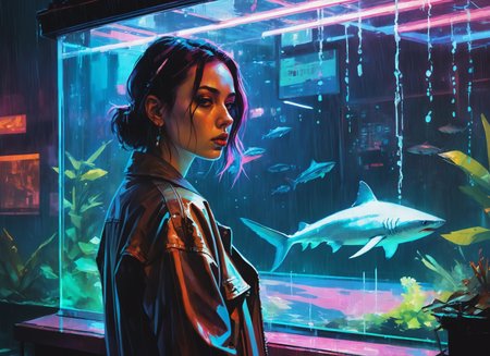 (a girl with a beautiful face), nighttime, cyberpunk city, dark, raining, neon lights , (<lora:DiscoDeliriumXL-v1.2:0.5> disco elysium ), cyberpunk, synthwave, 1980s, futurism, brutalism, neuromancer, cinematic photo in a fish tank, art by Jakub Rozalski, 1920+ Poland,((pinkfong baby shark))
