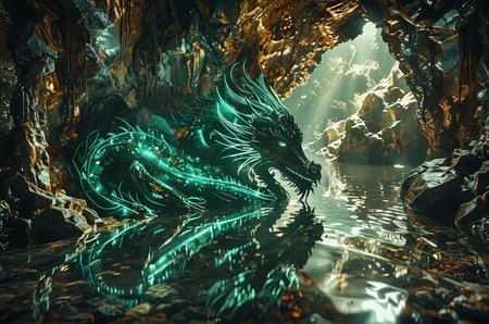 Close up photo of a ((emerald Chinese dragon)) sleeping inside a cave, reflections in the water, in the style of double exposure, Art Nouveau, long exposure, layered lines, chiaroscuro, the best quality, masterpiece, absurdres, Long_Exposure ral-exposure, i <lora:ral-exposure-sdxl:0.700000>