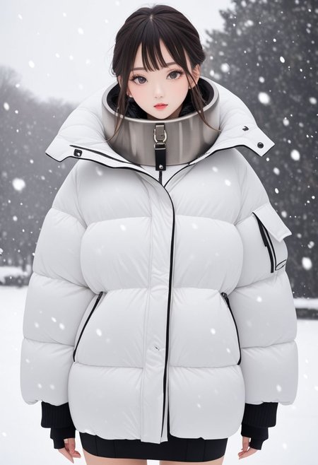 (white oversized down jacket:1.4), (white oversized puffer jacket:1.4), (oversized winter clothes:1.4), (puffer collar:1.4), upper body, pencil medium skirt, girl, winter, very very cold, snow, snowing, (Thick steel padded collar:1.4)