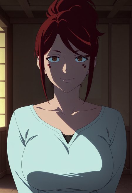 1girl,solo,gloria,mature female,red hair,facial mark,ponytail,indoors,anime coloring, 
,shirt,upper body, looking at viewer, smile
,masterpiece,best quality,amazing quality,<lora:Cyberpunk_Edgerunners-Gloria_Martinez_ix:0.8>