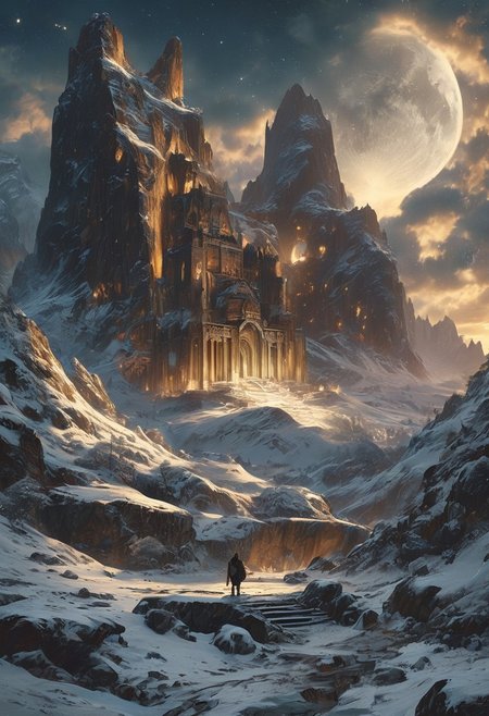 A captivating night scene illustration featuring a grand Norse viking hall  standing tall on a rocky and snowy mountain. The Hall, adorned with some windows, emits a warm glow, highlighting its incredible craftsmanship. The snowy mountain is covered in great pine trees, reflecting on the calm, moonlit snow  that mirrors the silvery moonlight. The full moon graces the sky, casting an ethereal glow on the clouds and mountain, while wispy clouds partially obscure its brilliance, adding to the scene's mystique. Twinkling stars dot the sky, creating a celestial tapestry that harmonizes with the moon's radiance. This enchanting artwork captures a serene and peaceful night, where the illuminated Norse Viking Hall  stands resolute amidst the celestial beauty, creating a cinematic experience., illustration, cinematic
<lora:DonM3t3rn1tyXL-v1.1:0.7>, DonM3t3rn1tyXL,
OverallDetailXL  <lora:MJ52:0.3>  <lora:SDXLFaeTastic2400:0.4>  <lora:EpicF4nta5yXL:0.7>