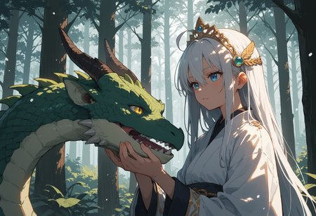 score_9, score_8_up, score_7_up,source_anime,1girl,solo,white hair,very long hair,hair between eyes,ahoge hair,blue eyes,perfecteyes,eyebrows,white kimono,green lining,tiara,hair ornament,sunny,sunlight,snowing,giant green dragon,hands on dragon,petting the dragon,forest,trees,plants,sinozick,flat colors