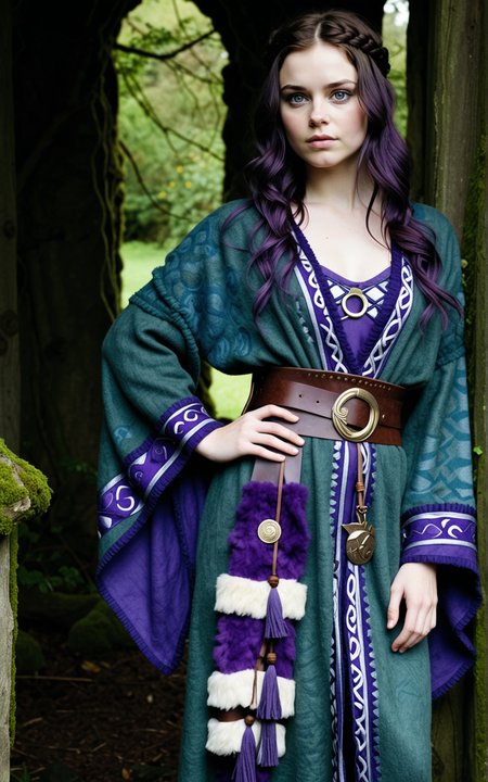 1girl,Britain, Judith from the TV series Vikings, Jennie Jacques, 30yo, dark hair, beautiful face, round face, cute face, long hair, dark hair, blue eyes, curvy, large breasts, A mystic seerâs robe in deep amethyst, moss green, and twilight silver, crafted from hand dyed wool with celestial inspired embroidery. The wide sleeves are lined with sheepskin for warmth, while a heavy bronze pendant hangs from the high collar. Paired with tasseled leather sandals and a handwoven sash.,