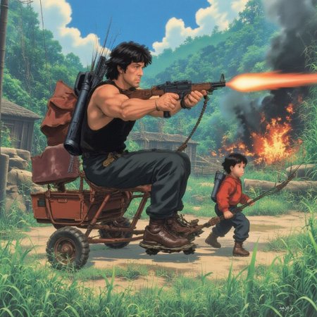 score_9, score_8_up, score_9_up, anime style, rambo, Satllone as Rambo rides a tricycle, red tricycle, small trycicle, large rambo, size difference, shooting a machine gun, machine gun, outdoor, in the jungle,  jungle in the background, explosions in the background, war, dynamic view