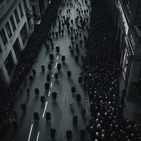 horrorcctvlora, street, horror (theme), monster, zombie crowd, monochrome, bird view