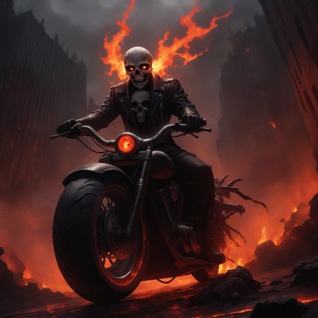 Dark Fantasy Art, Dark Moody Atmosphere, dramatic, mysterious, dark moody atmosphere, dark, moody, dark fantasy style, realistic anime,
BREAK,
Ghost Rider rockets up the skyscraper, his flaming motorcycle scorching a fiery path over glass and steel,
BREAK,
His skull, engulfed in hellfire, casts a sinister, flickering glow, with empty eye sockets seething with vengeful fire,
BREAK,
Flames curl around his skeletal form, his leather jacket and pants seared and frayed, smoldering as he rides,
BREAK, 
sitting on his bike, (((cracked roadway))), cracked road, skull, from side, low angle shot, close up shot, detailed afce, detailed skull, front view, wide angle, burning wheels and bike, chopper motorcycle, chopper, burning engine, leaking lava from cracked road, red sunset, 
detailed bike, 