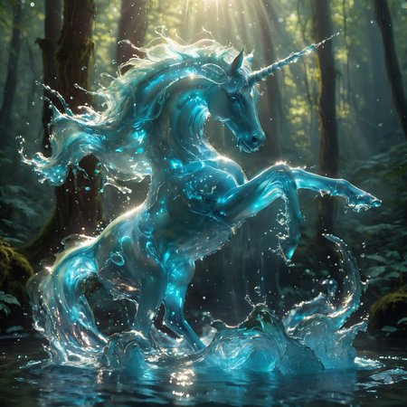 side photo, profile, unicorn creature, dynamically posed and crafted entirely from water, Its body should be a swirling mix of blue and turquoise hues, embodying the fluidity and translucency of water. water glowing inside, Surround the creature with splashes and droplets to emphasize its aquatic nature. The background dramatic dreamy sunny forest, light rays, light goes through the water, resembling dispersed water. render realistic lighting and shadows, giving depth to the watery form, volumetric lighting, <lora:sss:1>, <lora:glowneon_xl_v1:1>, <lora:SDXLFaeTastic2400:0.5>, <lora:MJ52:0.3>