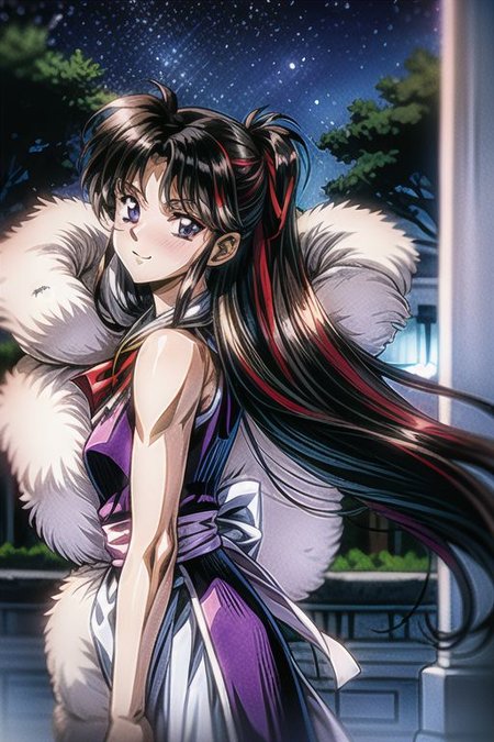 best quality 1girl Setsun4 solo long hair,  (night time) forest background black hair very long hair purple eyes multicolored hair armor, small, (fur trim) (medium body),<lora:EMS-179-EMS:0.800000>,<lora:EMS-293862-EMS:0.800000> bow, hair_bow, hair_tubes, red_bow, brown_hair, long_hair, bangs, ascot, frilled_bow, yellow_ascot, blush, smile, hair_between_eyes, athletic, armor, miko,  Smiling, happy,