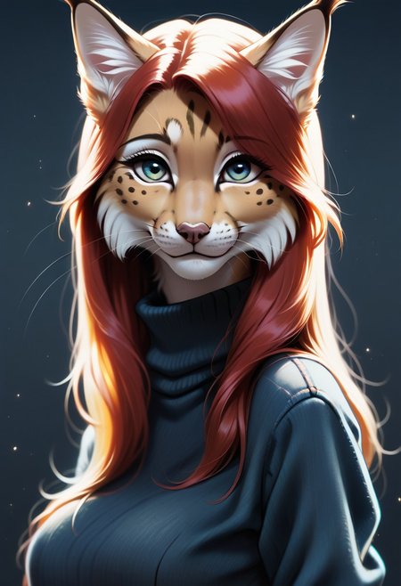 digital_media_(artwork) hi_res, score_9, score_7_up, score_6_up, source_furry, rating_safe, anthro, furry, female, furry female, detailed textured fur, fur tufts, lynx, red hair, blonde brown fur, spots, beautiful blue eyes, medium breasts, covered breasts, slim, slender, turtleneck sweater, denim jeans, smile, SFW,