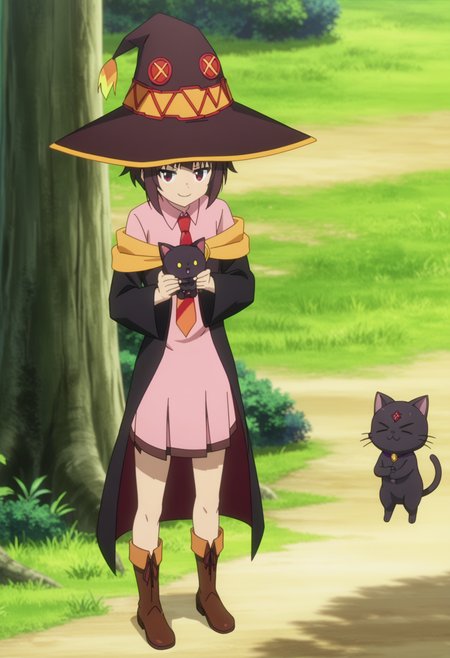 score_9, score_8_up, score_7_up, source_anime,
BREAK
1girl, solo, anime screencap, anime coloring, 
<lora:shiMeguminV1:1.0>, 
shimeguschool, academyuniform, short hair, skirt, brown hair, long sleeves, red eyes, pink dress, closed mouth, standing, outdoors, pleated skirt, boots, black cape, tree, black headwear, witch hat, animal, brown footwear, cat, grass, red necktie, meme, smug, holding animal, black cat, holding cat, chomusuke,
looking at viewer,