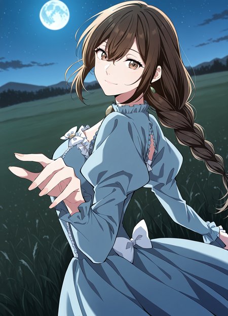 <lora:Lilia_Helstea__The_Beginning_After_the_End__Illustrious:1>
1 girl, solo, brown hair, brown eyes, long hair, hair between eyes, single braid,
blue dress, long sleeves, puffy sleeves, bow, earrings,
score_9, score_8_up, score_7_up, very aesthetic, source_anime, detailed, high quality, beautiful, masterpiece, detailed eyes, field, blurry background, pose dynamic angle, upper body, cowboy shot, light smile, looking back, reaching out, floating hair, looking at viewer, night, blue moon,
