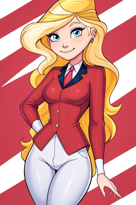 score_9, score_8_up, score_8, medium breasts, (curvy), cute, eyelashes,       ,,, ,  zzSarahWhitney, blue eyes, blonde hair, long hair, red shirt, necktie, white pants,  <lora:SarahWhitneyHorseland_PDXL:1.0>, , BREAK, <lora:Afrobull_PDXL_v5:0.8>,  ,,, BREAK, smile, looking at viewer, closed mouth, cowboy shot,  ,,, embedding:zPDXL, Expressiveh, ,,, <lora:SDXLFaeTastic2400:0.5>, <lora:Expressive_H-000001:0.4>,
