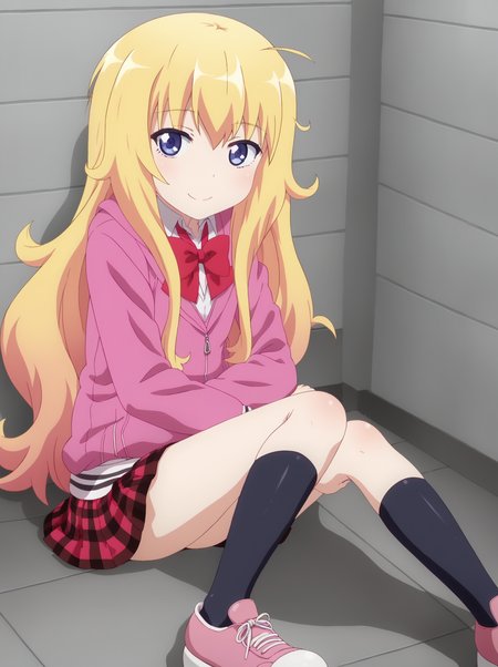 GabT, Gabschool, long hair, blue eyes, skirt, blonde hair, bow, very long hair, school uniform, purple eyes, jacket, ahoge, pleated skirt, shoes, socks, hood, bowtie, plaid, hoodie, red skirt, plaid skirt, black socks, messy hair, sneakers, pink hoodie,  <lora:Doom PonyXL Gabriel White Tenma:1>,
1girl, solo, looking at viewer, smile,