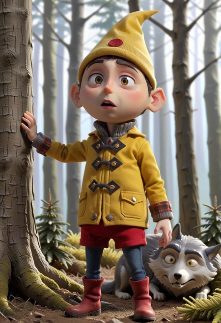 Excellence a puppet cartoon character from stopmotion animated series of a {cute gnome  Vasya  children boy, (very small size:1.36), wearing in yellow hat and yellow Buttoned jacket, red shorts, with (wolf:1.25), wearing in plaid Jacket over a gray turtleneck and skinny jeans, Standing by a tree in a spruce forest, interest on funny face, surprised on funny face, expression of curiosity and intrigue}, masterpiece by (tim burton:1.36), 4k textures, ultra detailed, trending in artstation