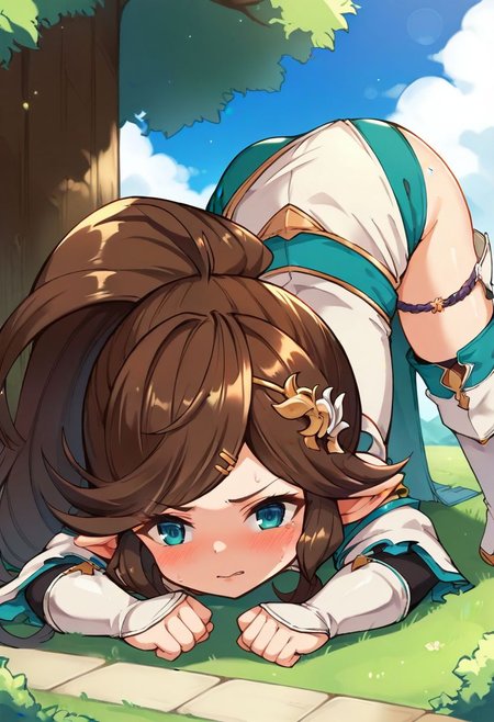 score_9, score_8_up, score_7_up, best quality, uncensored, source_anime, intricate details, high quality, perfect anatomy, BREAK
1girl, solo, gbf-polaris, harvin, brown hair, ponytail, green eyes, hair ornaments, armor, thigh boots, gbf-polaris outfit,
upskirt, top-down bottom-up, Guilty, Downcast eyes, slumped shoulders, and a slightly ashamed expression., outdoors,
<lora:sdxl_lightning_8step_lora:1> <lora:gbf-polaris_XL(pony):1>