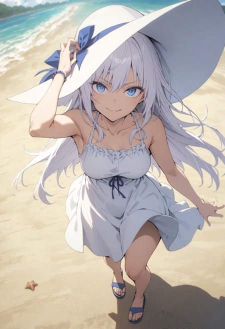 score_9, score_8_up, score_7_up, score_6_up, masterpiece, best quality, absurdres, cinematic, dynamic angle, perfect composition, solo, 1girl, medium breast, gojo satoru, blue eyes, white hair, long hair, wide-brimmed hat, summer dress, sundress, sandals, beach setting, smirk, standing, looking at viewer,