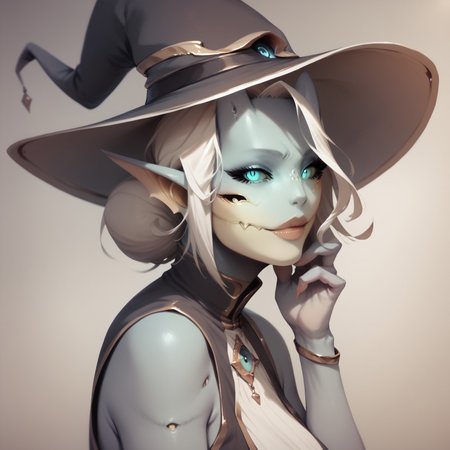 safe_pos, ,score_9, score_8_up, score_7_up, score_6_up, score_5_up, score_4_up, breasts, fishnet pantyhose, detailed face, high quality, high resolution, detailed body, ,  butt, blue skin, blue face skin, witch hat, ,Zamite, four eyes, horns, zPDXL3