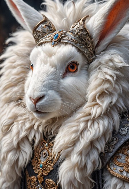 (masterpiece, best quality, stunning, highly detailed, close-up view of a rabbit-sheep hybrid creature, (intricate furs, detailed wool, luxury rabbit ears, detailed silver horns, majestic horns, silver rabbit incisors, soft hair  ), dramatic lighting, HDR, (mythical, fantasy), oil painting), legendary creature, trending on artstation