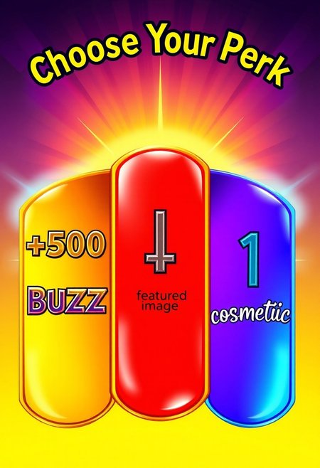 "Illustrate a vibrant, hyper-realistic image of a perk selection screen, reminiscent of an RPG. The image is divided into three symmetrical vertical halves, each with a distinct color scheme and a unique perk to choose. The left half is a warm, golden yellow, with the text "+500 Buzz" emblazoned in bold, metallic letters. The middle half is a glossy, fire engine red, with the text "+1 featured image" in a sleek, modern font. The right half is a radiant, electric blue, with the text "+1 cosmetic" in a stylized, cursive script. At the very top of the image, the words "Choose Your Perk" are emblazoned in a fun, playful font, with a hint of pixelation to give it a retro gaming feel. Each half of the image has a subtle gradient effect, giving it a sense of depth and dimensionality. The overall effect is one of excitement and anticipation, as if the player is about to make a crucial choice that will impact their gaming experience." highest-Quality, intricate details, visually stunning, Masterpiece