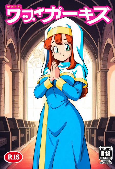 masterpiece, best quality, amazing quality, solo, (1girl, olive skin, green eyes, medium breasts, blue dress, priestess, nun coif, auburn hair, smiling, standing, praying, looking at viewer), medieval church, daytime, YamamotoXLP, retro artstyle, comic, doujin cover