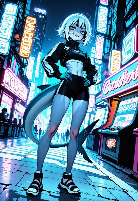 light blue skin, cool skin, anthro, shark-girl, female, solo, smug, short girl, fit, athletic build, sharp teeth, white hair, choppy bangs, teal eyes,

cropped jacket, sports bra, biker shorts, sandals

hands on hips, tail swaying

best quality, amazing quality, sharp eyes, cold tones, night, dynamic angle, expert shading, detailed,

arcade, neon lights, city street,