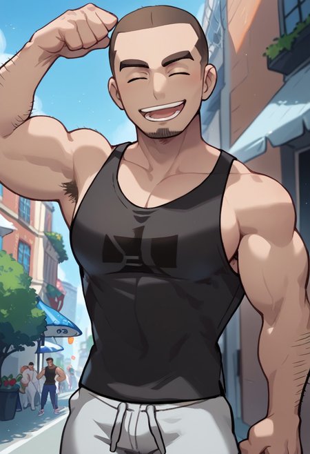 txt2img
score_9, score_8_up, score_7_up, source_anime, highly detailed, big pecs, male focus, 1boy, sideburns, standing, muscular, city background, Expressiveh, city background, closed eyes, open mouth, smile, flexing both arms, looking down at viewer
POKEMON_BuffGuy, hairy arms, buzz cut, goatee, big pectorals, brown hair, facial hair, thick eyebrows
black tank top, demin tight pants, 
pokemon