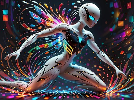 <lora:artfullyHOLOGRAPH_SDXL_V1:1>,arthlgrm,
A digital illustration of a sleek, futuristic figure in a form-fitting dark bodysuit with a smooth white helmet-like head and glowing blue eyes. Multicolored energy trails extend from behind, creating a vibrant, ethereal effect. Beside this figure, an ethereal character in a flowing white dress dances gracefully, her hair intertwined with light and butterflies. The background features colorful, abstract floral and butterfly elements. Nearby, a dynamic, dark figure in a crouching stance is adorned with glowing white lines tracing its form, surrounded by sparkling lights and blurred, colorful orbs. The scene combines futuristic elegance and ethereal beauty