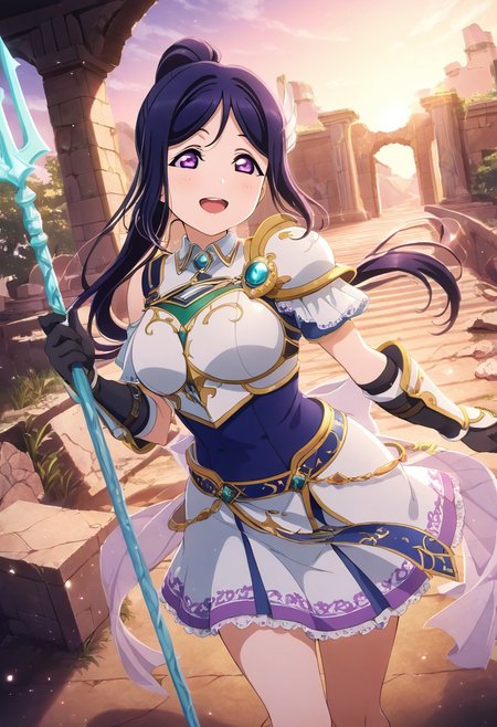 masterpiece, best quality, solo, 1girl, aged up, happy, large breasts, 
 kanan_matsuura, matsuura_kanan, long hair, blue hair, purple eyes, sidelocks, ponytail, fantasy warrior idol outfit, silver and indigo armor-trimmed dress, shoulder guard, sapphire brooch, glowing trident, floating island stage with ancient ruins and waterfalls, commanding presence, proud and protective aura