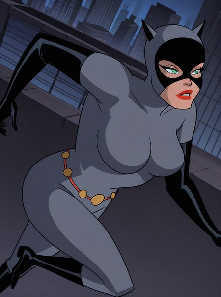 <lora:Catwoman_-_batman_animated_illust_v1:1>, c4tw0m4n, 1girl, mature woman, grey bodysuit, grey mask, green eyes, red lips, large breasts, gold belt, black elbow gloves, black boots, from above, running, rooftops, from side, dutch angle, , outdoors, cityscape, gotham city,  <lora:dcau234-illu3_r1:0.4> , <lora:takeda_hiromitsu_style_illustrious_goofy:0.5>