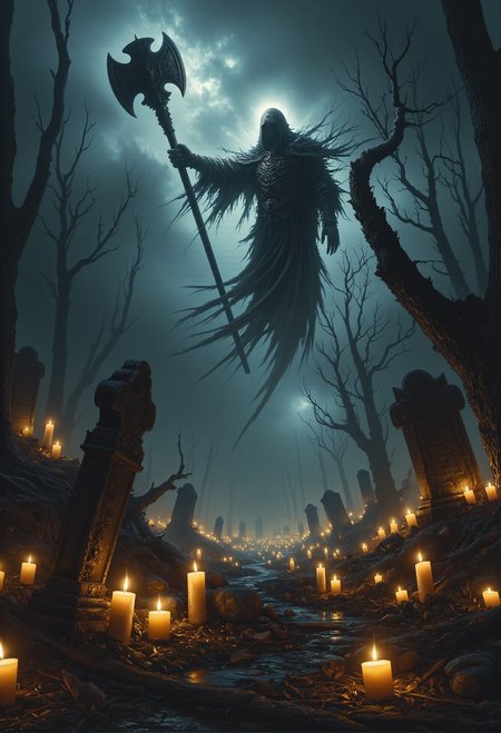 Art by Ben Templesmith and HR Giger, fantasy painting of a spectral figure with a long, tattered robe, floating ominously above an ancient, desolate graveyard under the cover of night. The ghost is illuminated by a faint beige glow, casting an eerie, ethereal light across the scene. Its robe, shredded and flowing, gives it a haunting appearance as it grips a massive, battle-worn warhammer, its head cracked and scarred from countless battles, swaying menacingly in the air. The graveyard is filled with broken and toppled gravestones, the remnants of its forgotten past. The ground is dotted with countless glowing tealights, their flickering flames casting haunting shadows. The background is wrapped in mist, with distant silhouettes of gnarled trees barely visible, creating an atmosphere of deep mystery and foreboding. The scene is rendered in cel shading, blending dark fantasy with a gothic aesthetic, evoking an ominous yet captivating mood. <lora:Midjourney_Dreamlike_Fantasy_FLUX_LoRA.safetensors:0.3>,  <lora:Dever_Flux_Enhancer.safetensors:0.5>,  <lora:Flux_-_Renaissance_art_style.safetensors:0.3>,  <lora:aiai-Glimra-Flux-Dev-v2.safetensors:0.25>,  <lora:Movie_Portrait.safetensors:0.4>,  <lora:- Flux1 - soothing_atmo_V2.0.safetensors:0.2>,  <lora:lith_mimosa_kiel_grw134_FLUX.safetensors:0.35>,  <lora:zhongfenghuaStyle_FLUX_ Lora.safetensors:0.5>,