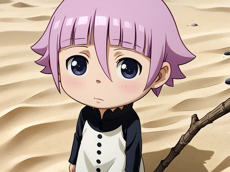 score_9, score_8_up, score_7_up, score_6_up, score_5_up, score_4_up, BREAK source_anime, 
 <lora:soul_eater_pony:0.8>,overall detail,detailed shadows,realistic lights,low contrast,eye detail,
souleaterstyle,score_9,crona,chibi,1girl,solo,short hair,dress,pink hair,purple hair,shadow,beach,sand,stick